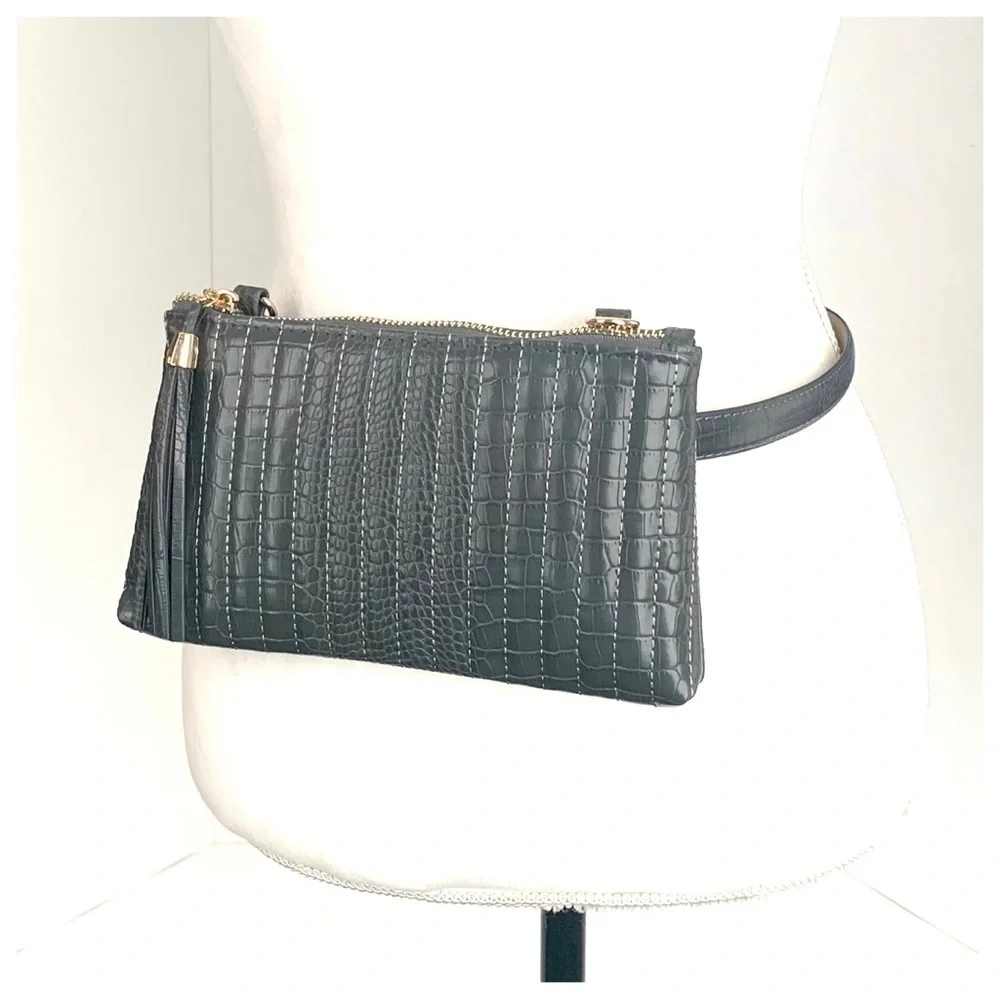 INC Convertible Fanny-Pack- Crossbody Belt Bag Gray Gold Chain Quilted Sz S NWT - Picture 3 of 8